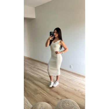 Imagem de Vestido Midi Canelado Detalhe Decote V Tricot - Calu Tricot, Branco, 3