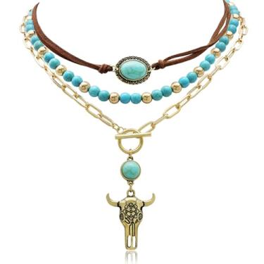 Imagem de Fscwlmon 3 colares femininos estilo cowgirl ocidental em camadas, boêmio, turquesa, contas ocidentais, strass, chapéu de cowboy, botas, pingente de cabeça de boi, gargantilha de clipe de papel