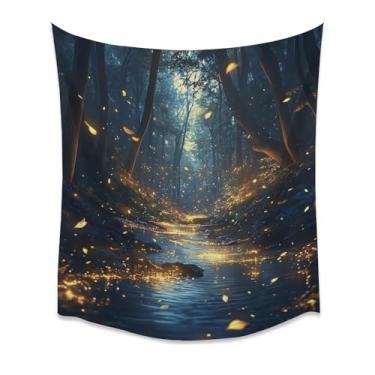 Imagem de Tapeçaria de parede de riacho de floresta brilhante superfície de água cintilante folhas douradas densas árvores altas tecido confortável encantador crepúsculo brilho cena de floresta aconchegante