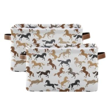 Imagem de Organizador dobrável de armazenamento de roupas – Cestas decorativas de tecido de lona para banheiro, roupas, cavalo fofo, branco, pacote com 2