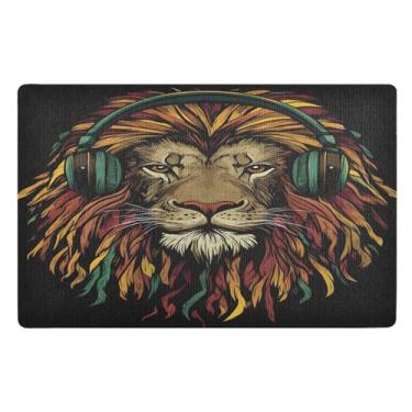 Imagem de Joisal Tapete de entrada verde para fones de ouvido leão tapete de boas-vindas absorvente interno, tapete fino 81 x 50 cm