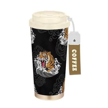 Imagem de TSENQUE Copo de café Fierce Tigers preto, 473 ml com canudo e tampa, copo de parede dupla isolado a vácuo com revestimento cerâmico para escola, escritório, festa, acampamento