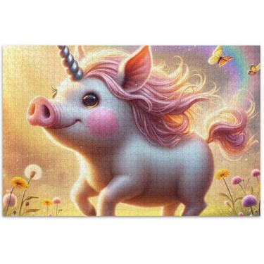 Imagem de Quebra-cabeça fofo de porco unicórnio para adultos 1000 peças natureza desenho animado animal divertido família quebra-cabeça família amantes presentes, 75 x 40 centímetros