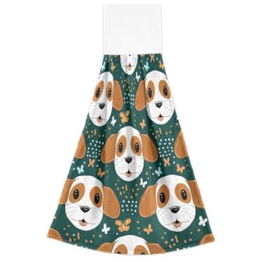 Imagem de Lindos desenhos animados de cachorro toalhas de mão com laço verde pendurado para cozinha conjunto de 2 toalhas de dedo de forno ultra absorvente para decoração de casa 18,2 x 14 polegadas