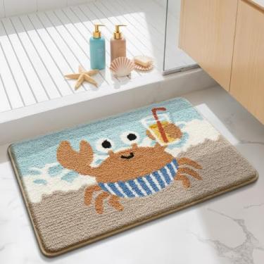 Imagem de Tapete de banho de caranguejo de praia com calção de banho e bebida, tapete de banheiro absorvente macio de pelúcia antiderrapante, lavável na máquina, decoração náutica de verão, tapetes de banho