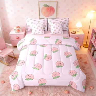 Imagem de Erosebridal Conjunto de edredom completo de desenho animado kawaii rosa pêssego com 7 peças, lençol com lençol de meninas, adorável e fofo para decoração de quarto