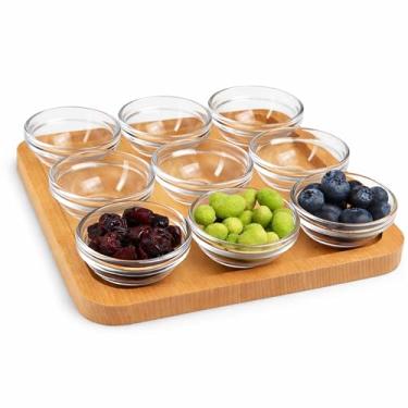 Imagem de JO! Conjunto de tigela de vidro pequena com bandeja de servir – Conjunto de 9 mini tigelas de vidro (28 g) com bandeja de madeira - Segura para lava-louças e micro-ondas - ideal para festas, lanches