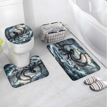 Imagem de MSAYNFG Conjunto de 3 peças de tapete de banho náutico de polvo, navio pirata, oceano, animal, aventura, Kraken, tentáculos, banheiro, banheira, tapetes para banheiro (46 x 76 cm)