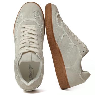 Imagem de RIBONGZ Tênis feminino casual moderno com cadarço e cano baixo clássico com sola de goma, couro, camurça, calçado elegante, Branco marfim, 39