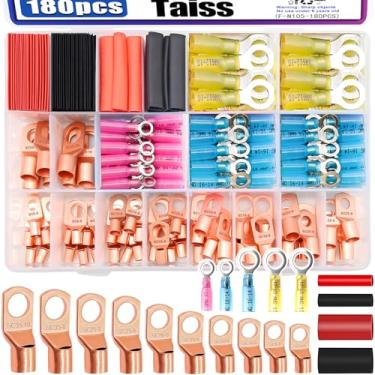 Imagem de Taiss Terminais de fio de cobre 180 peças AWG 2/4/6/8/10/12/14/16 Calibre terminais de cabo de bateria, conectores de terminais de anel de cobre com termorretrátil