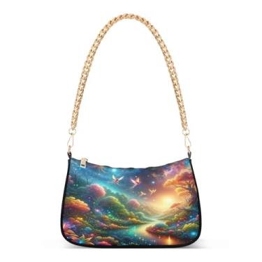 Imagem de Bolsa de ombro com corrente de árvores coloridas brilhantes, bolsa de mão Hobo artística para mulheres, bolsa clutch versátil