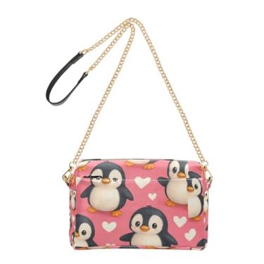 Imagem de Joitme Lindos pinguins corações brancos bolsas transversais rosa bolsa feminina de couro PU bolsa de ombro com alça de corrente bolsa para celular
