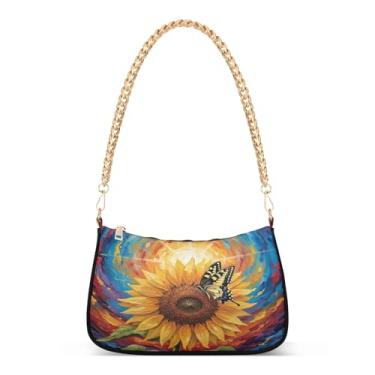 Imagem de Bolsa de ombro com corrente de aquarela de flores coloridas, bolsa Hobo artística com estampa de girassol para mulheres, bolsa média com vários estilos de transporte