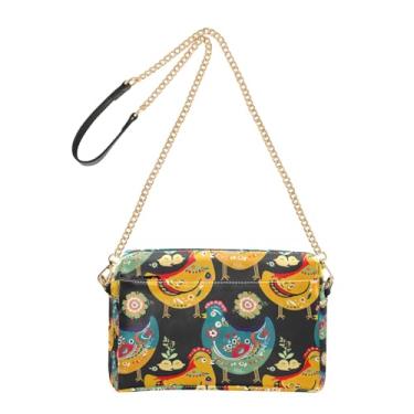 Imagem de Bolsa feminina colorida preta floral galinha feminina bolsa transversal bolsa para celular bolsa de ombro de couro PU alça de corrente