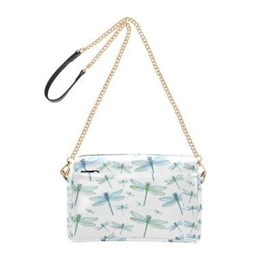 Imagem de Joitme Dragonflies Bolsa feminina azul verde branca transversal de couro PU bolsa de ombro com alça de corrente bolsa para celular fofa