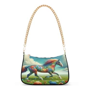 Imagem de Bolsa de ombro com corrente de ombro de animal com arte de cavalo colorida, bolsa feminina artística, bolsa clutch Hobo moderna