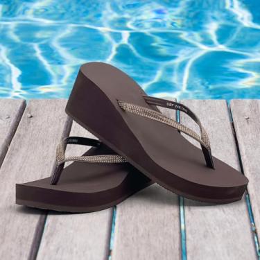 Imagem de Sandálias femininas com strass, chinelos, plataforma, chinelos de cunha, sapatos de casamento, caminhada na praia, Marrom, 35