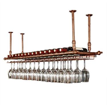 Imagem de Rack de vinho bar restaurante suporte de copo de vinho retrô suporte de garrafa de vinho rack de copo de vinho altura ajustável rack de teto taça taças bronze 120 × 30 cm