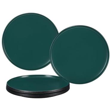 Imagem de GZG Conjunto de pratos de jantar de cerâmica, conjunto de pratos de grés de 10 cm, utensílios de cozinha seguros para micro-ondas e lava-louças, empilháveis, resistentes a arranhões (verde escuro)