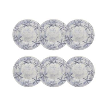 Imagem de Cj 6 Pratos P/Sobremesa de Melamina C/Borda Estrela do Mar Branco/Azul 23cm Entrecasa