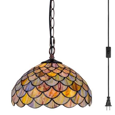Imagem de GILGGAK Luminária pendente de vidro manchado estilo Tiffany, lâmpada suspensa com design de escama de peixe de 30,5 cm de largura, corrente de 15 pés, cordão de 30,5 cm, sala de jantar, quarto