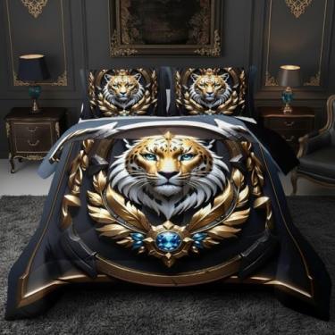 Imagem de QOOMO Jogo de cama Queen com estampa de animal de desenho animado, para decoração de quarto de meninos e meninas, preto de microfibra leve, 1 edredom e 2 fronhas