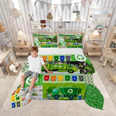 Imagem de Jogo de cama King com desenho animado de caminhão de lixo para meninos, decoração de quarto de carro de crianças, lindos carros verdes, adolescentes, arte geométrica com listras abstratas, 1 edredom e
