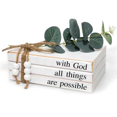 Imagem de LARAINEIK 3 peças de livros brancos decorativos de madeira, livros falsos rústicos de fazenda para prateleiras de mesa de centro com borlas e folhas de contas de madeira, 18 cm x 12 cm x 6 cm (com