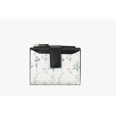 Imagem de Carteira pequena feminina com bloqueio de RFID, couro vegano, dobrável, floral, porta-cartões compacta, com bolso com zíper e janela para identidade, Preto, Clássico