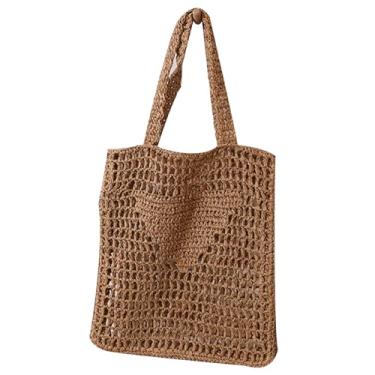 Imagem de Bolsa feminina ráfia para praia de verão, bolsas de crochê, bolsa transversal tricotada à mão, Camelo, One Size