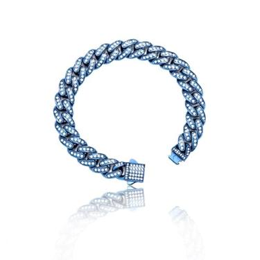 Imagem de Qing Birdee Pulseira de corrente de elos cubanos de luxo, pulseira de tênis de aço inoxidável de 12 mm com zircônia pavimentada, prata, preto, dourado, azul, 21 cm de comprimento, One Size, Aço