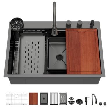 Imagem de Lofeyo Estação de trabalho para pia de cozinha de 83,8 cm com torneira - 33 x 22 aço inoxidável calibre 16 preto montagem superior tigela única multifuncional pia de cascata inteligente com combinação