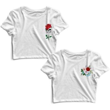 Imagem de Kit 2 Blusas Cropped Tshirt Feminina Caveira Flores e Flores - Goup Su