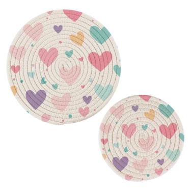 Imagem de Wassud Conjunto de trivet com padrão de coração fofo para pratos quentes, suportes redondos de algodão, almofadas quentes, porta-copos elegantes, decoração de cozinha e acessórios, 2 peças