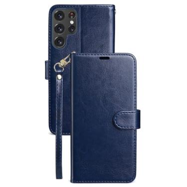 Imagem de LTLMYDAM Capa carteira para Samsung Galaxy S26 Ultra/S26 Plus/S26, alça de pulso de couro, compartimentos para cartões, capa flip com fecho magnético, azul, S26