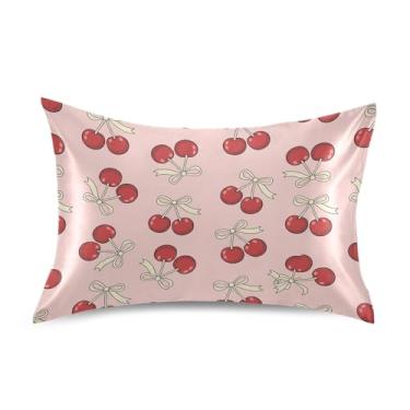 Imagem de Wassud Fronha de cetim com laço vermelho cereja para cabelo e pele fronhas de seda lisa tamanho padrão capas de travesseiro respiráveis com fecho de envelope