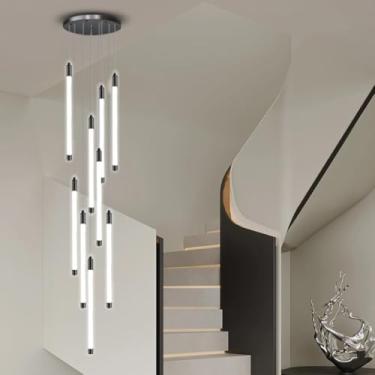 Imagem de Lustre moderno de LED com luminária pendente preta em formato de espiral, ideal para escadas, com altura ajustável e design decorativo para tetos altos, perfeito para salas de jantar, cozinh
