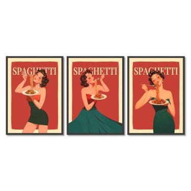 Imagem de Pôster Vintage Italian Foods Mulher Comendo Espaguete Pôsteres Ilustração Arte Pintura Impressão Massa Comida Cozinha Decoração de Parede (SKU4-3PCS, 16x24" = (40 x 60 cm), Moldura preta)