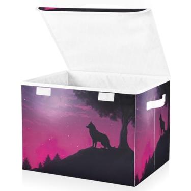 Imagem de Blueangle Cestos de armazenamento Lonely Wolf uivando com tampas, 42 x 32 x 30 cm, grande cesta organizadora dobrável para decoração de casa e escritório (597)