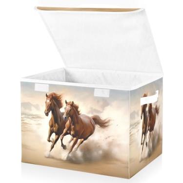 Imagem de Blueangle Cestos de armazenamento Chestnut Horse com tampas, 42 x 32 x 30 cm, grande cesta organizadora dobrável para decoração de escritório e armário (553)