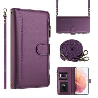 Imagem de Asuwish Capa de telefone para Samsung Galaxy S21 5G 6,2 polegadas capa carteira com protetor de tela de vidro temperado alça transversal de couro flip zíper suporte para cartão de crédito celular S 21