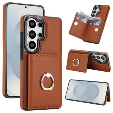 Imagem de Capa carteira para Samsung Galaxy S26 Ultra com suporte para cartão, bloqueio RFID, suporte de anel giratório de 360° com fecho magnético à prova de choque (marrom)