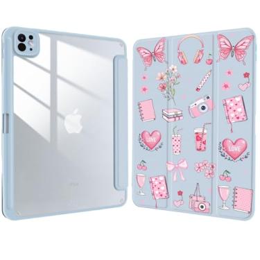 Imagem de Capa para iPad Pro de 13 polegadas (M5 2025/M4 2024, 8ª/7ª geração) com suporte de lápis, capa protetora traseira acrílica de couro azul cereja coração borboleta feminina, capa protetora traseira de