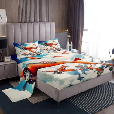Imagem de Castle Fairy Jogo de lençol solteiro com aeronave vermelha, para decoração de quarto de meninos, avião de combate 3D, 3 peças (1 lençol com elástico + 1 lençol de cima + 1 fronha)