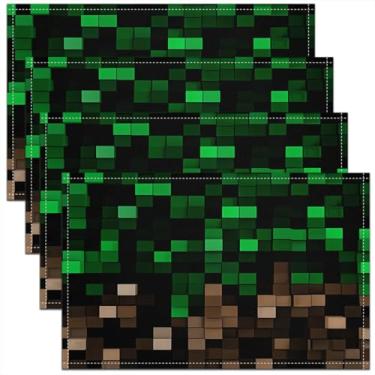 Imagem de Jogo americano infantil Miners Pixel Checked, conjunto de 4 tapetes de mesa de vídeo game, gamepad de desenho animado, decoração de cozinha, jogo americano verde marrom decoração de mesa de cozinha