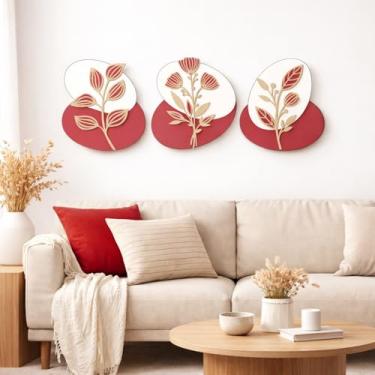 Imagem de Kit 3 Quadros Decorativos Abstratos Folhas Modernas Variadas em MDF para Sala Quarto Escritório(Vermelho)