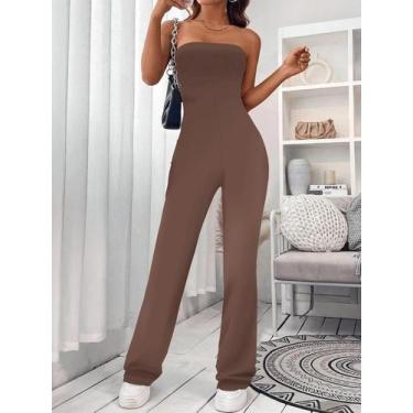 Imagem de Macacão Feminino Slim Fit Com Corpete, Cor Sólida, Calças Flare Que Le