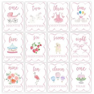 Imagem de CIEQR Cartões de marco mensal em aquarela - Conjunto de cartões de marco para bebê, marcadores mensais para recém-nascidos a 12 meses, adereço de foto, chá de bebê (rosa)