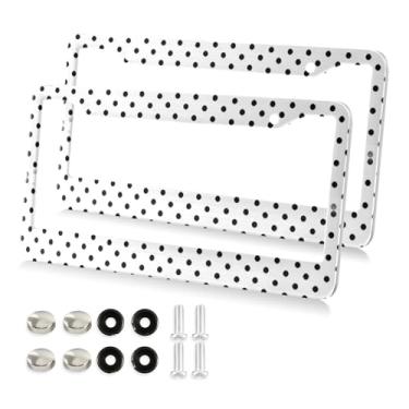 Imagem de Gravopti Moldura de placa de licença de bolinhas pretas e brancas, pacote com 2, suporte universal de etiqueta de carro de alumínio com parafusos, placas traseiras dianteiras decorativas à prova de