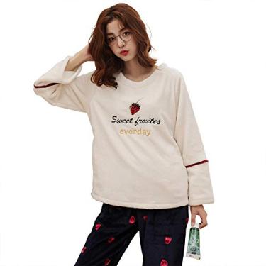 Imagem de HHHJQFAAT Pijama feminino de lã coral conjunto de pijama de inverno manga longa gola redonda confortável pijama de flanela tamanho grande feminino (branco médio)